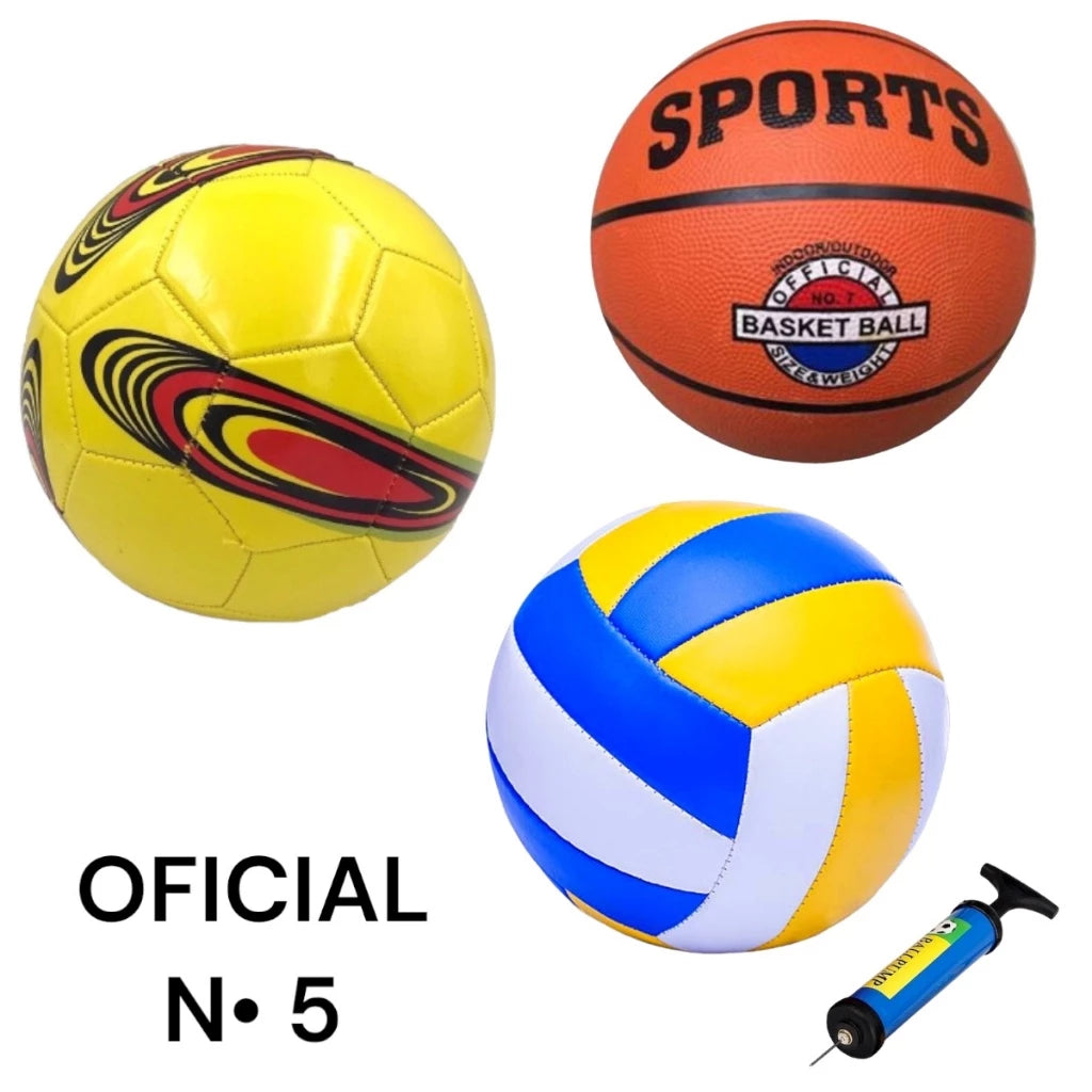 Kit Bola de Futebol + Bola de Vôlei + Bola de basquete + Bomba Praia/Quadra Campo Society Futsal
