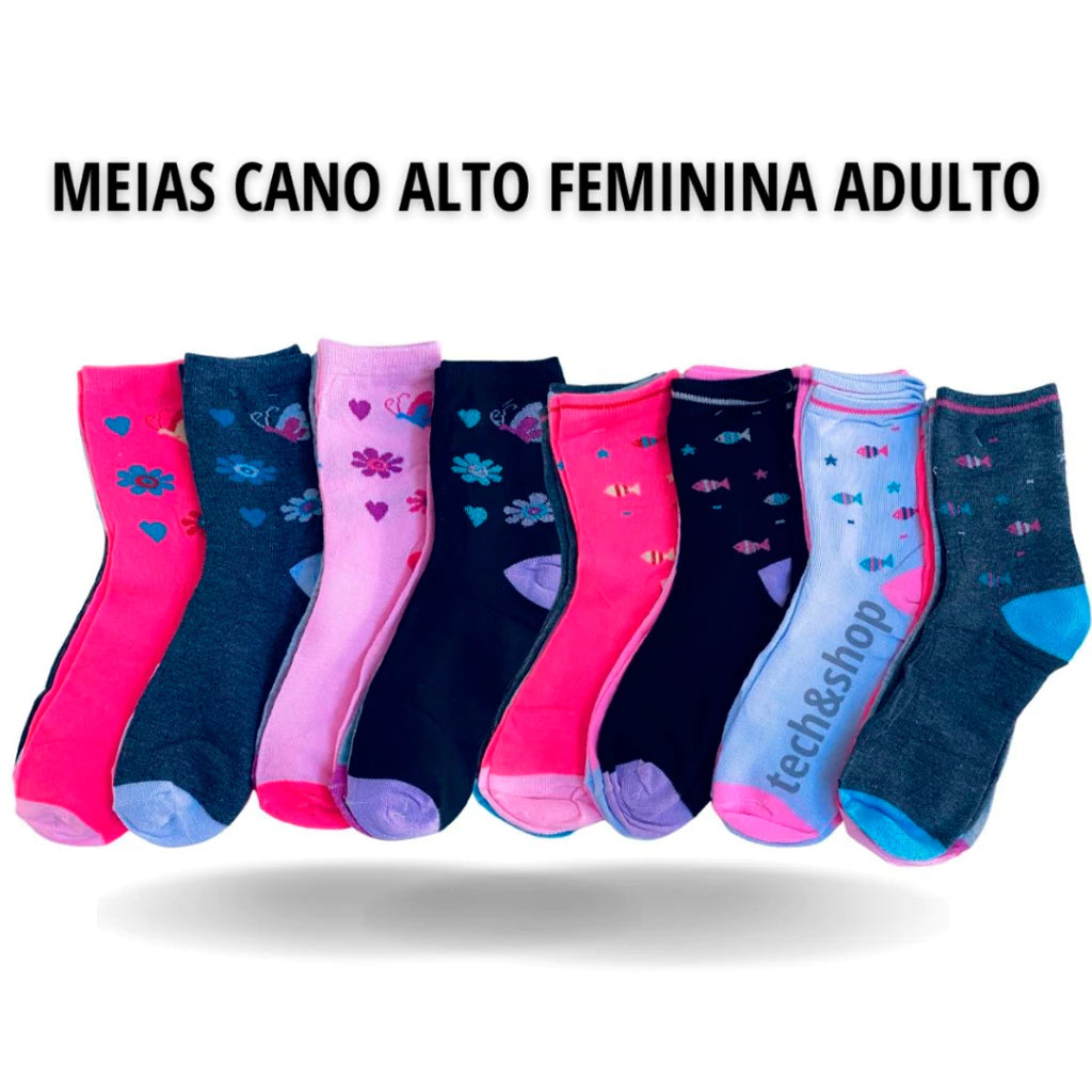 12 Meias Feminina Pares de Meias Cano Alto macias e confortáveis anatômica excelente qualidade