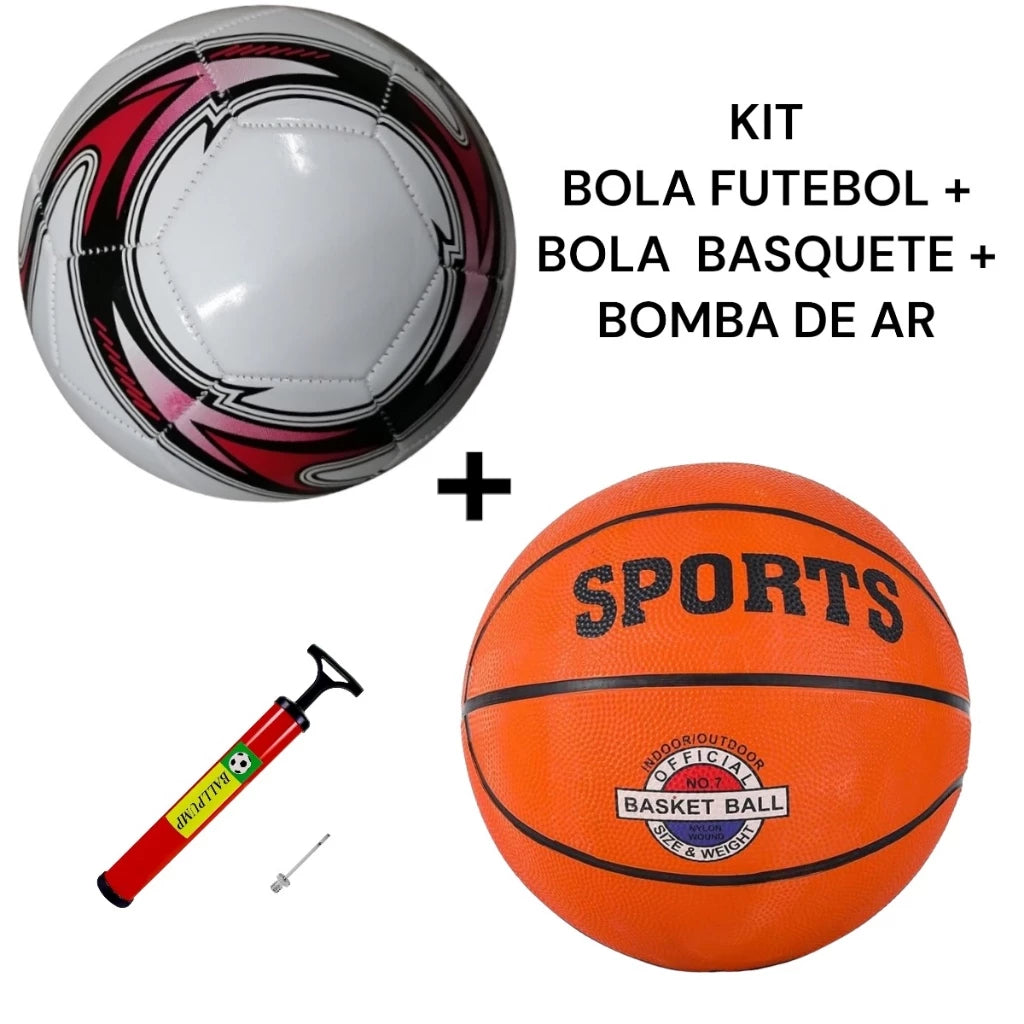 Kit Bola de Futebol + Bola de Vôlei + Bola de basquete + Bomba Praia/Quadra Campo Society Futsal