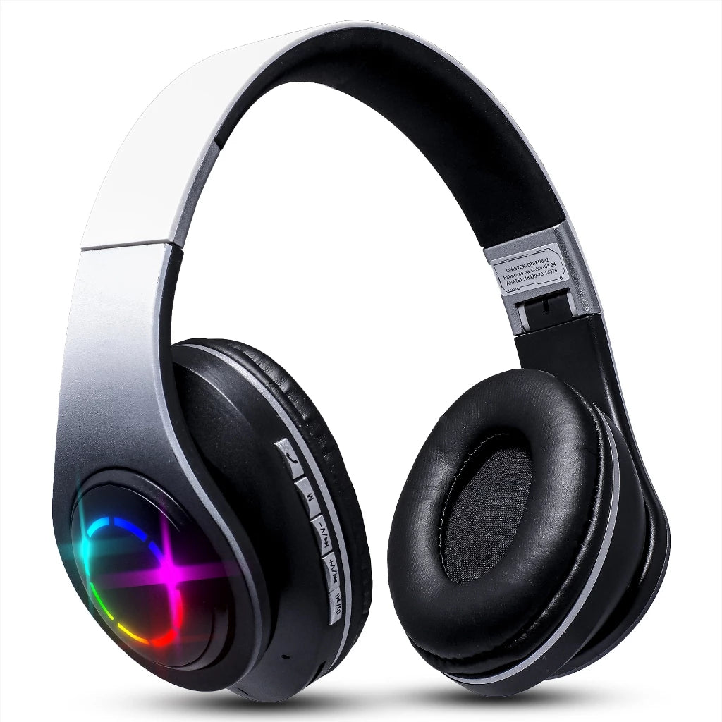 Fone De Ouvido Headset Bluetooth Iluminação RGB Ajuste Lateral Sem Fio MP3 Cartão SD Recarregavel