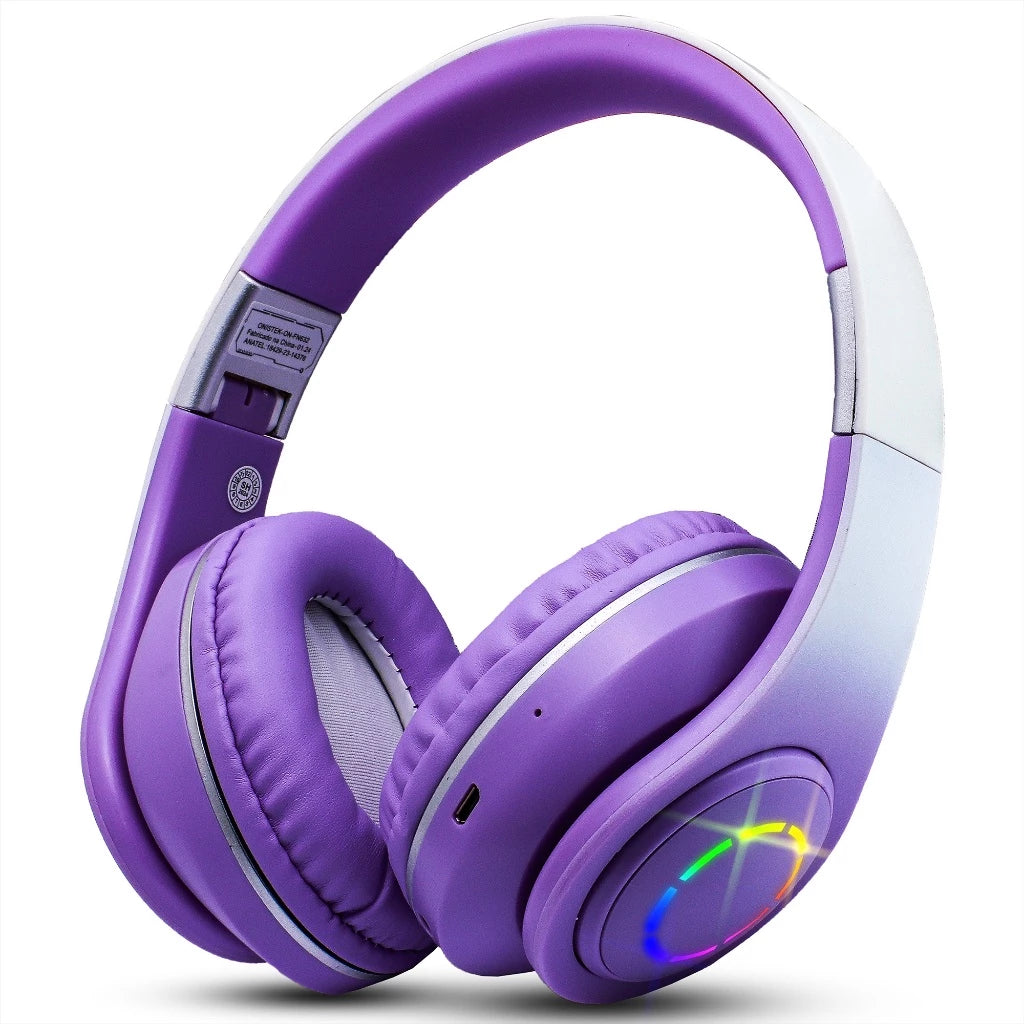 Fone De Ouvido Headset Bluetooth Iluminação RGB Ajuste Lateral Sem Fio MP3 Cartão SD Recarregavel