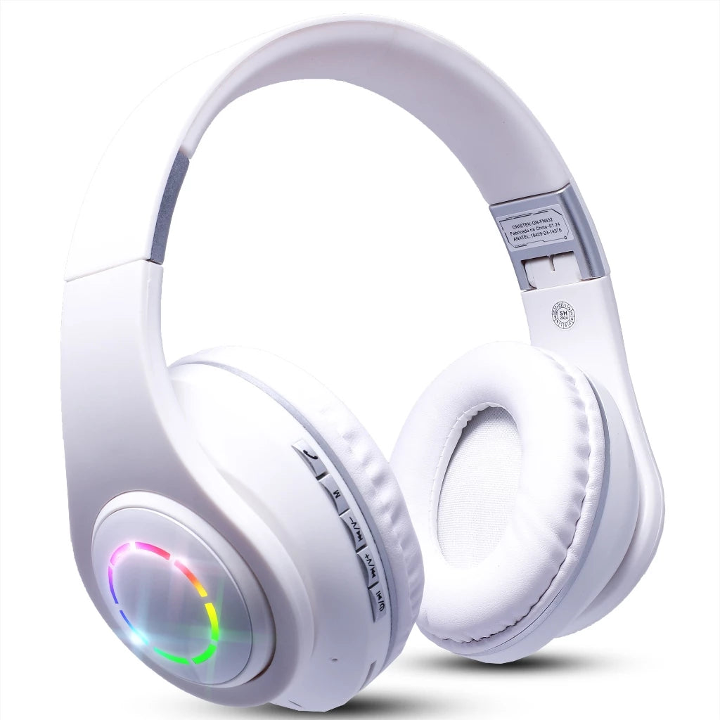 Fone De Ouvido Headset Bluetooth Iluminação RGB Ajuste Lateral Sem Fio MP3 Cartão SD Recarregavel