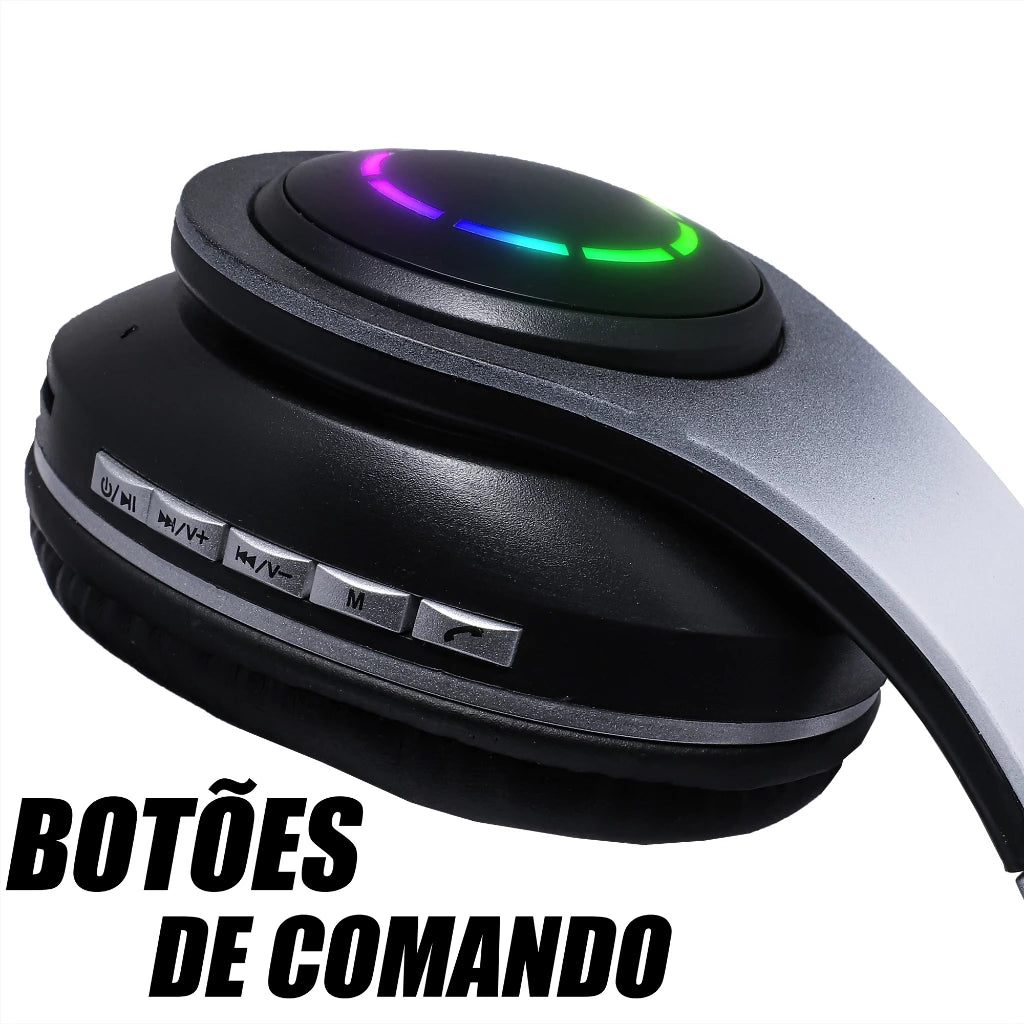 Fone De Ouvido Headset Bluetooth Iluminação RGB Ajuste Lateral Sem Fio MP3 Cartão SD Recarregavel