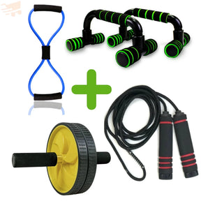 Combo Projeto Verão Fitness Academia em Casa Kit Roda Abdominal + Elástico + Apoio p/ Flexão + Corda