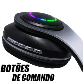 Fone De Ouvido Headset Bluetooth Iluminação RGB Ajuste Lateral Sem Fio MP3 Cartão SD Recarregavel