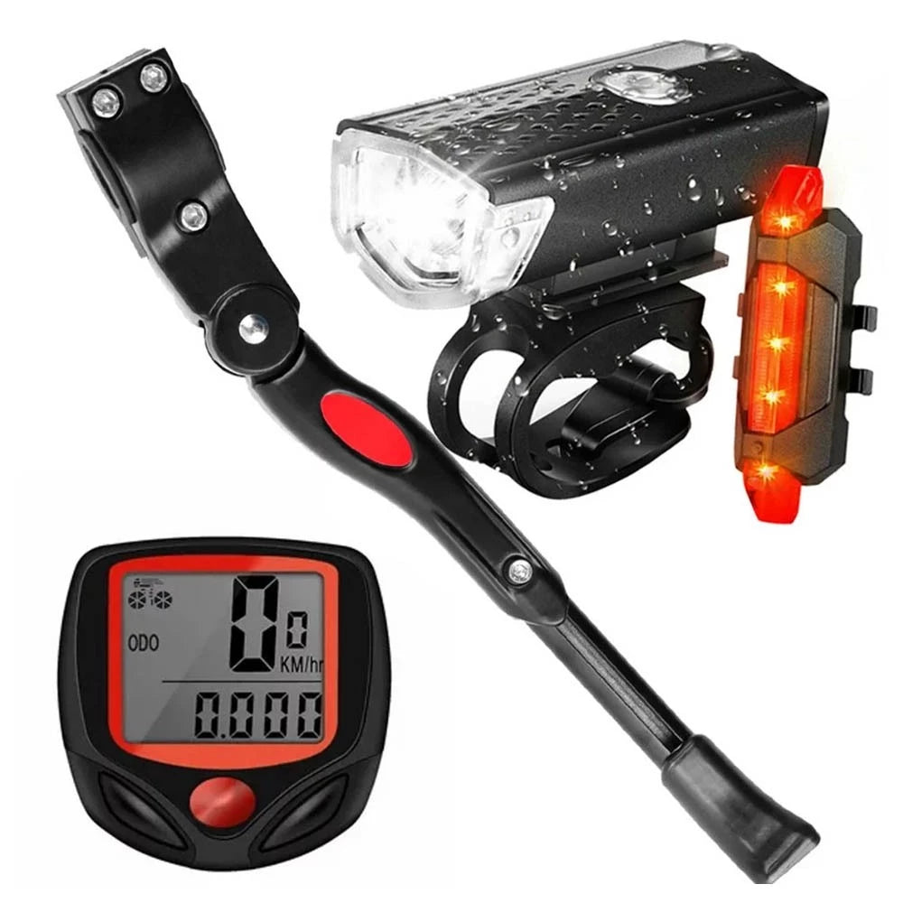 Kit Acessórios Bike Farol Bike Luz Led Usb 300 Lumens Sinalizador Traseiro Velocímetro Prova D'agua