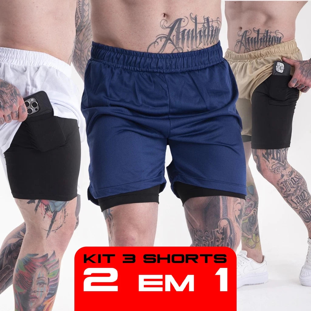 Kit 3 Bermuda 2 em1 Original Esporte Treino Masculino Corrida Casual