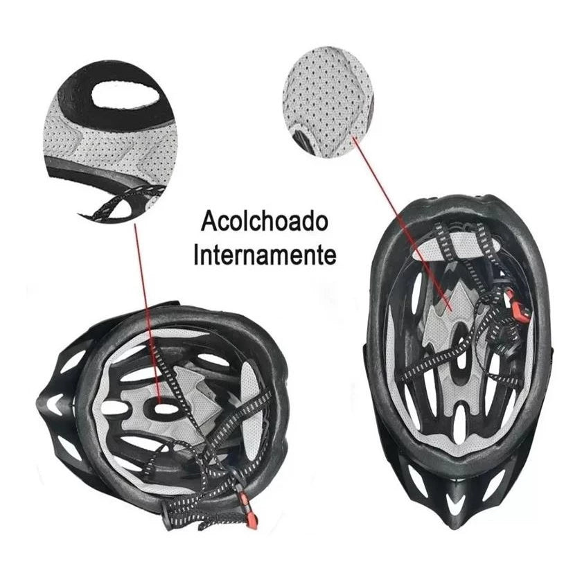 Capacete Bike Ciclismo Mtb Com Sinalizador De Led + Óculos Esporte + Par De Luvas